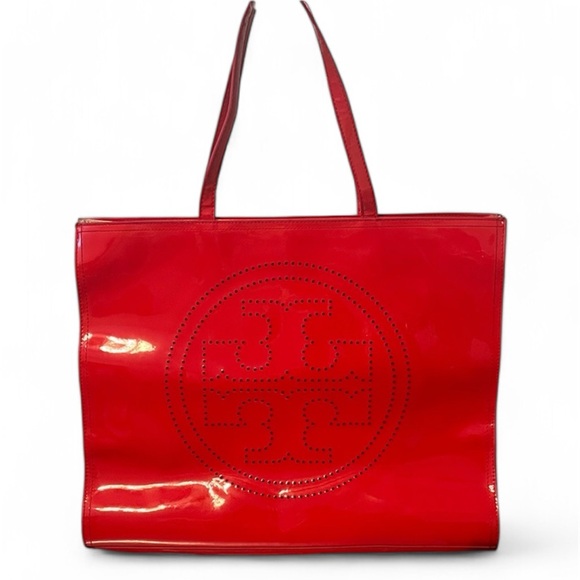 Tory Burch Glossy Red Tote - Patent Leather Large Bag - Perforated Logo - Picture 1 of 16
